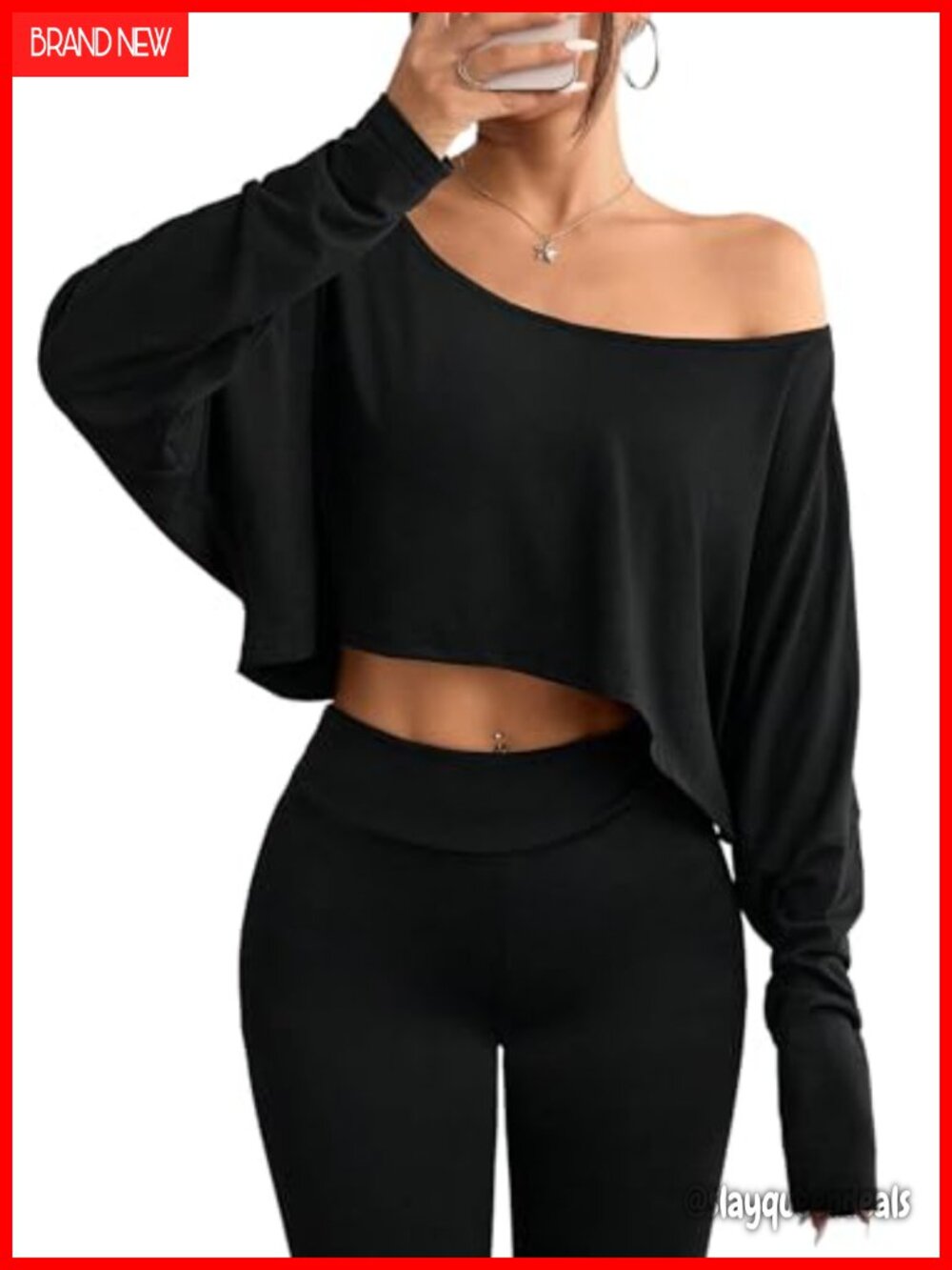 Off Shoulder Long Sleeve Crop Top Batwing Sleeve Asymmetrical Hem Relaxed